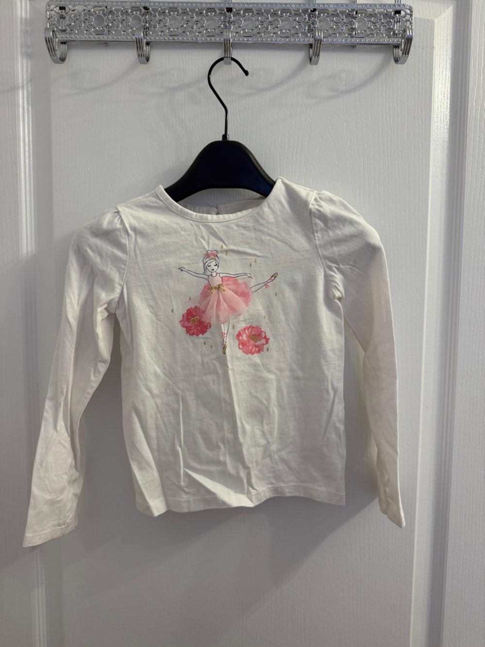 Janie and Jack White Long-Sleeve Top with Pink Ballerina Graphic